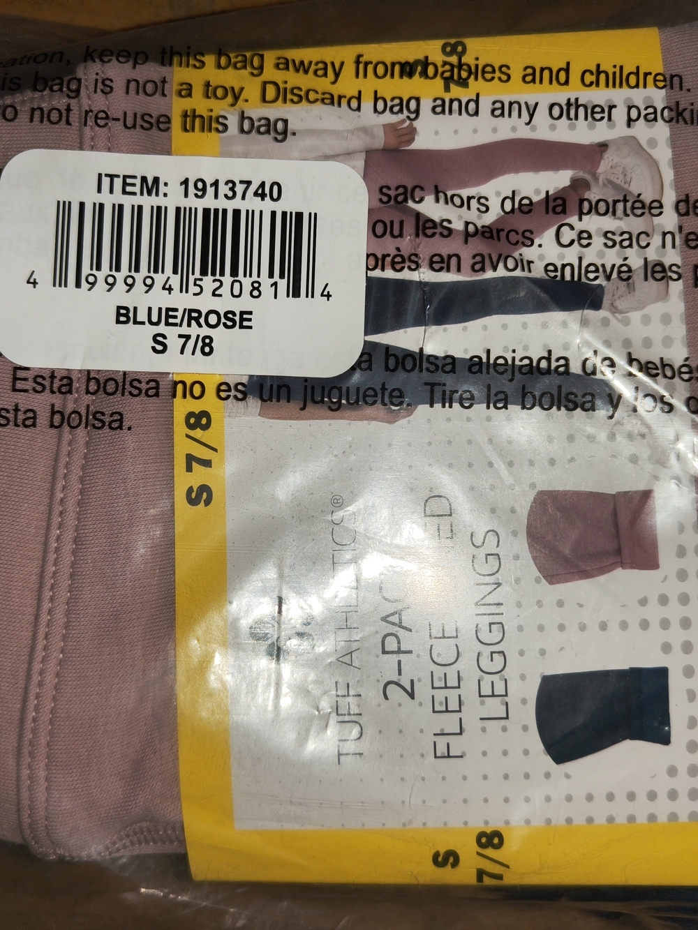 New Tuff Athletics Kids 2-Pack Fleece-Lined Leggings - Blue & Rose, Size S (7/8)
